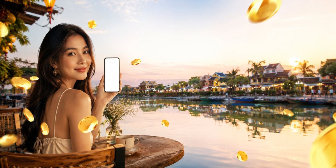 Người dùng tại Hội An ngồi cà phê áp dụng mã voucher ưu đãi trên điện thoại